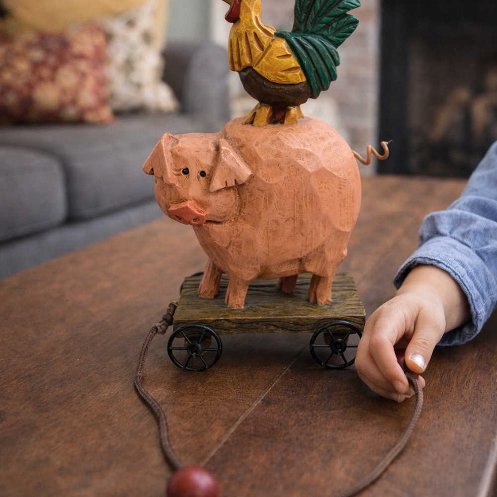 Vintage David Frykman Wooden Pig and‎ Rooster Pull Toy Collectable